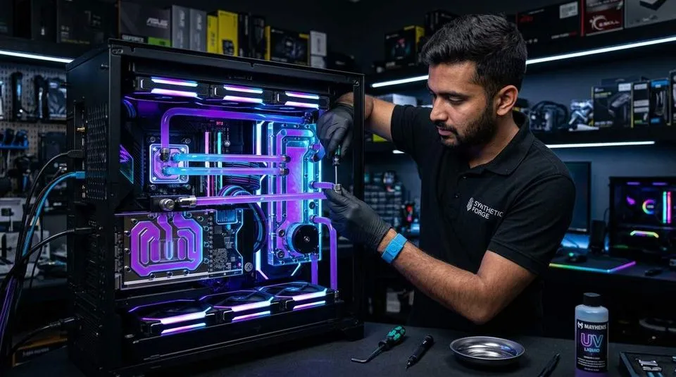 Custom liquid-cooled gaming PC assembly with glowing UV coolant